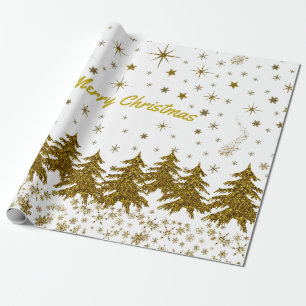 Sparkly Gold Christmas tree, stars, snow Wrapping Paper