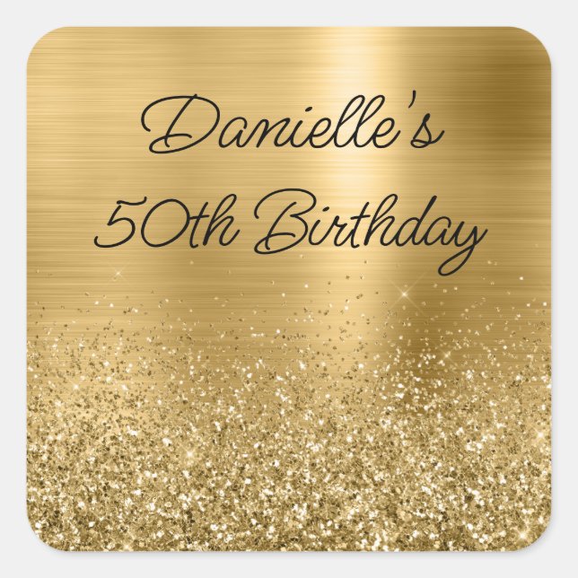 Sparkly Gold Glitter and Foil 50th Birthday Square Sticker (Front)