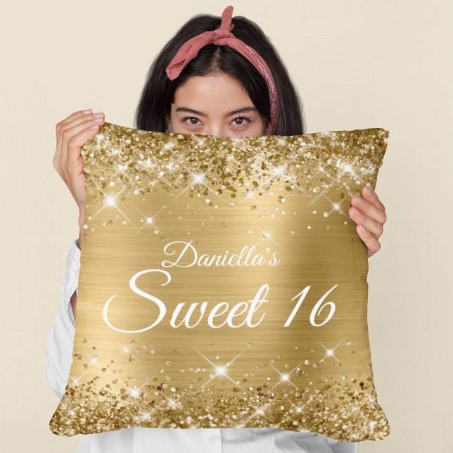 Sparkly Gold Glitter and Foil Sweet 16 Throw Pillow (Sweet Sixteen Birthday Gift)