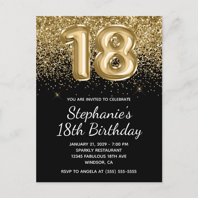 Sparkly Gold Glitter Black Balloon 18th Birthday Invitation Postcard (Front)