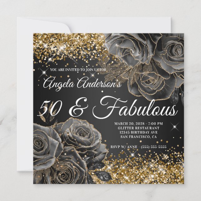 Sparkly Gold Glitter Black Rose Glam 50 & Fabulous Invitation (Front)