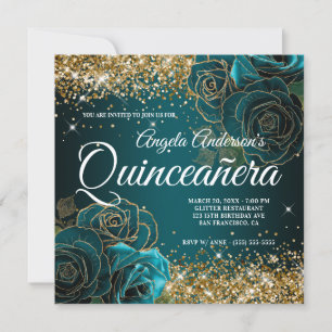 Sparkly Gold Glitter Blue Teal Rose Quinceañera Invitation
