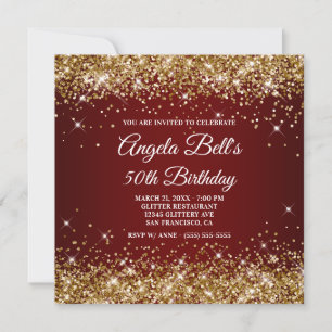 Sparkly Gold Glitter Dark Red Ombre 50th Birthday Invitation