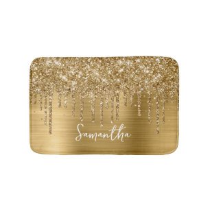 Sparkly Gold Glitter Drips Glam Name Bath Mat