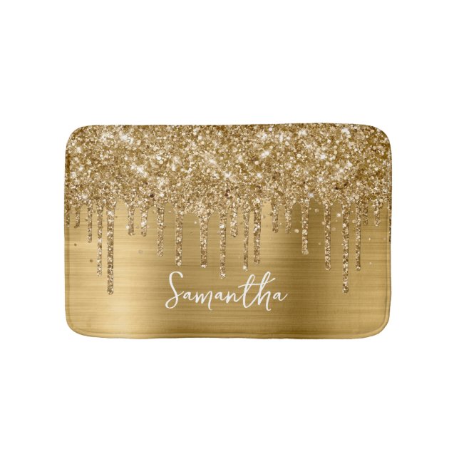 Sparkly Gold Glitter Drips Glam Name Bath Mat (Front)