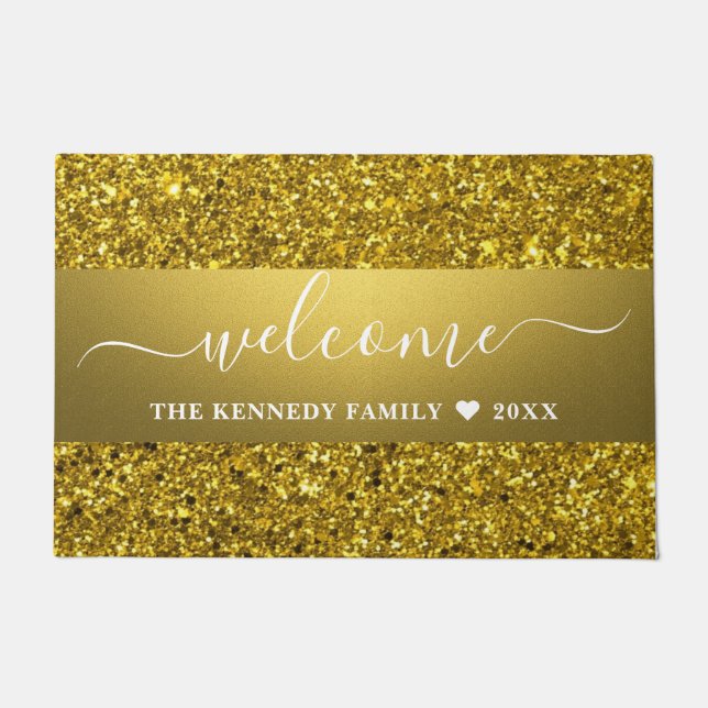 Sparkly Gold Glitter Family Name Welcome  Doormat (Front)