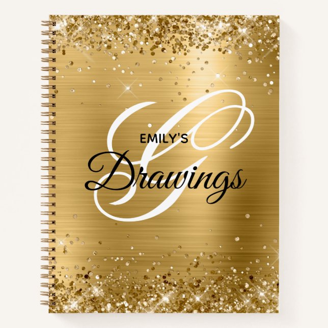 Sparkly Gold Glitter Foil Monogram Drawing Notebook (Front)