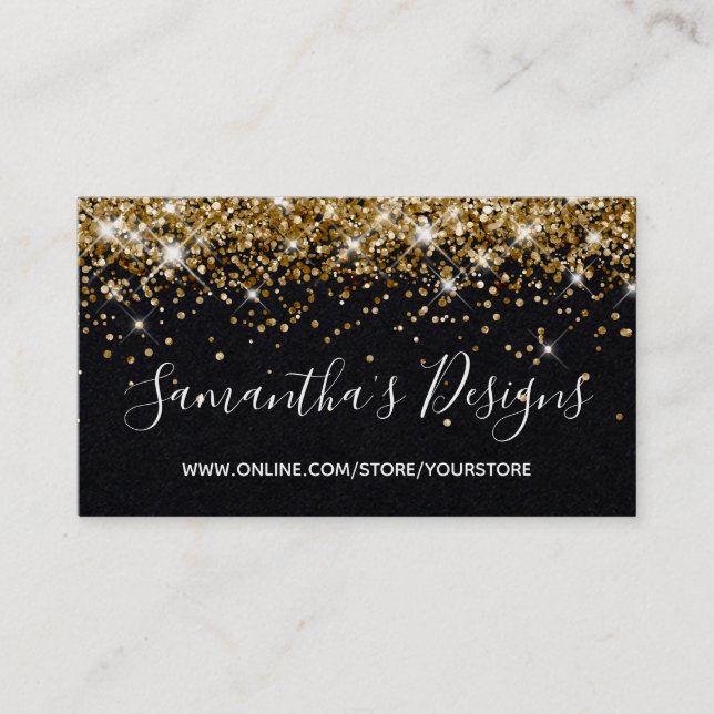 Sparkly Gold Glitter Online Store Premium Black Business Card (Front)