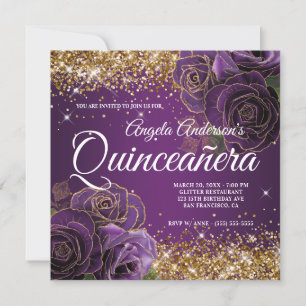 Sparkly Gold Glitter Purple Rose Quinceañera Invitation