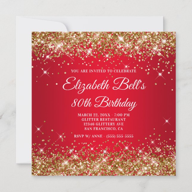 Sparkly Gold Glitter Red Ombre 80th Birthday Invitation (Front)