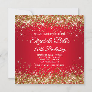 Sparkly Gold Glitter Red Ombre 80th Birthday Invitation