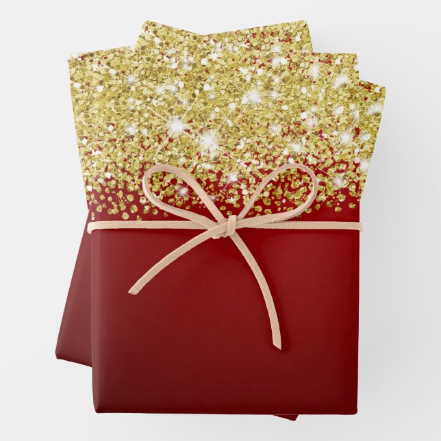 Sparkly Gold Glitter Royal Dark Red Ombre Faux  Wrapping Paper Sheet (In situ)