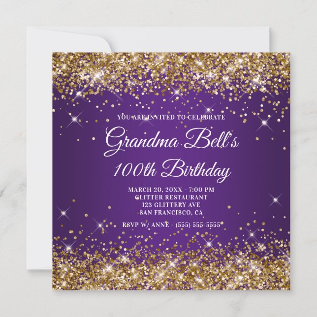 Sparkly Gold Glitter Royal Purple 100th Birthday Invitation (Front)