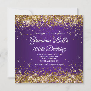 Sparkly Gold Glitter Royal Purple 100th Birthday Invitation