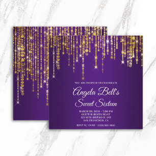 Sparkly Gold Lights Royal Purple Sweet Sixteen Invitation