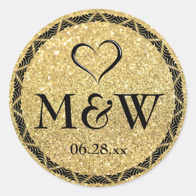 Sparkly Gold Monogram Wedding Favour Stickers Seal (Front)