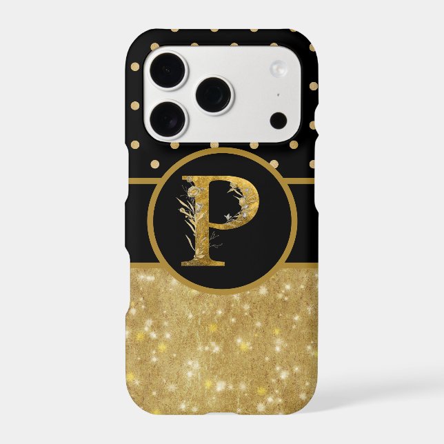 Sparkly Gold & Polka Dots on Black Monogram P (Back)