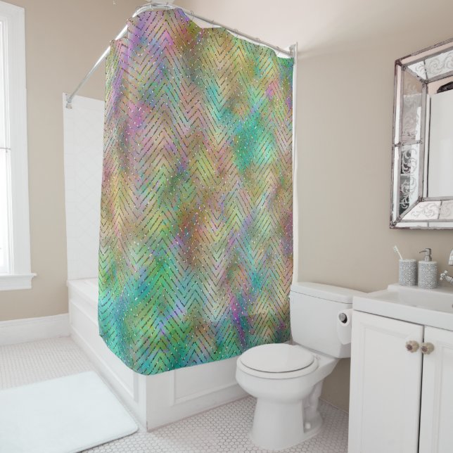 Sparkly Gold Rainbow Lights Chevron Pattern Print (In Situ)