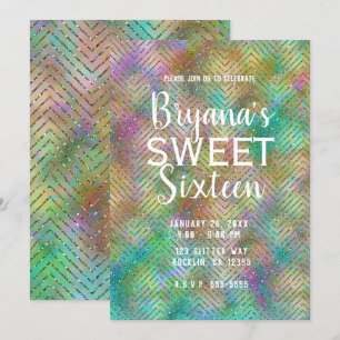 Sparkly Gold Rainbow Lights Chevron Sweet 16 Party Invitation