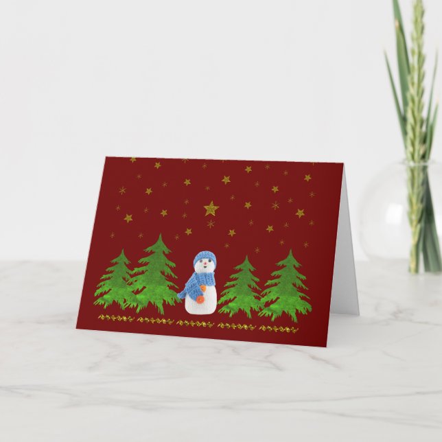 Sparkly gold stars, snowman and green tree holiday card (Front)