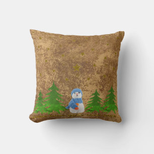 Sparkly gold stars, snowman and green tree throw pillow