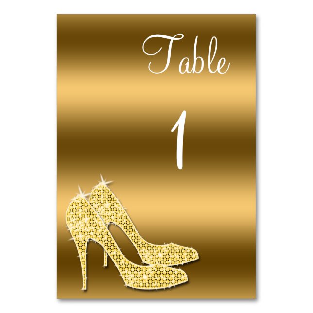 Sparkly Gold Stiletto Shoes Birthday Table Number (Front)