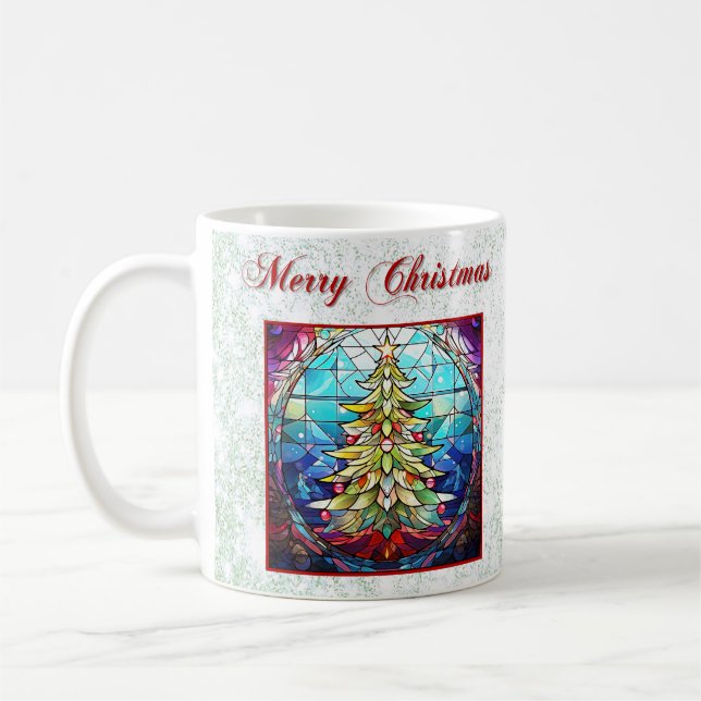 Sparkly Green Glitter Stained Glass Christmas Tree Coffee Mug (Left)
