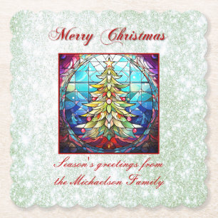 Sparkly Green Glitter Stained Glass Christmas Tree Paper Coaster