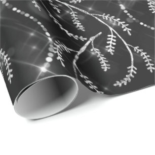 Sparkly Grey  Black Laurel Floral Silver Diamonds Wrapping Paper