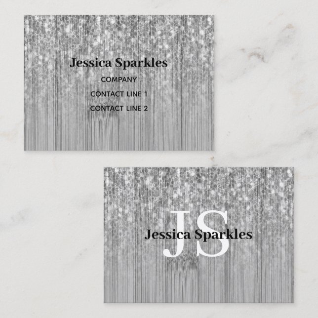 Sparkly grey silver bamboo wood bling Monogram Business Card (Front/Back)