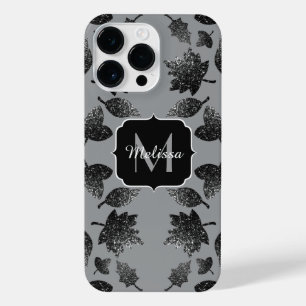 Sparkly grey silver leaves autumn pattern Monogram iPhone 14 Pro Max Case