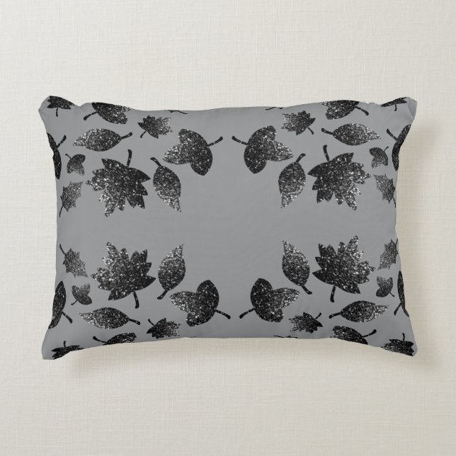 Sparkly grey silver leaves fall autumn pattern accent pillow (Front)