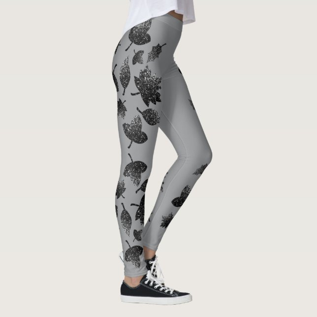 Sparkly grey silver leaves fall autumn pattern leggings (Right)