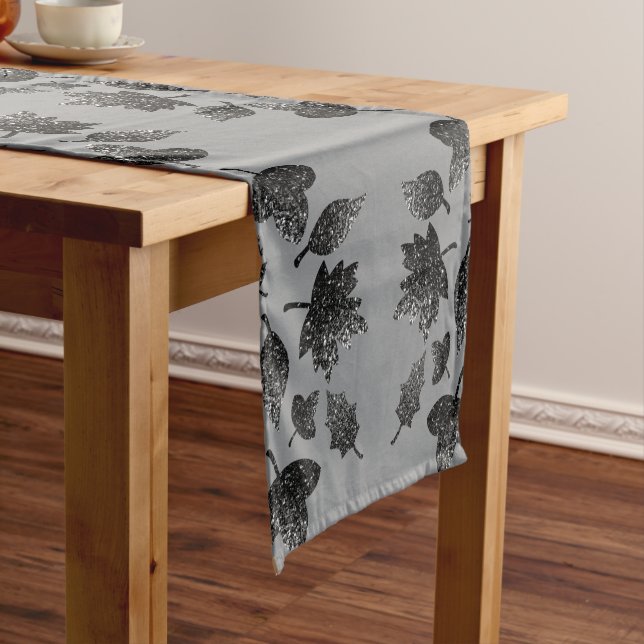 Sparkly grey silver leaves fall autumn pattern short table runner (In Situ)