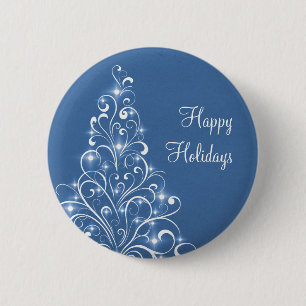 Sparkly Holiday Tree Button, Blue 2 Inch Round Button