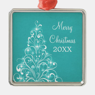 Sparkly Holiday Tree Premium Ornament, Aqua Metal Ornament