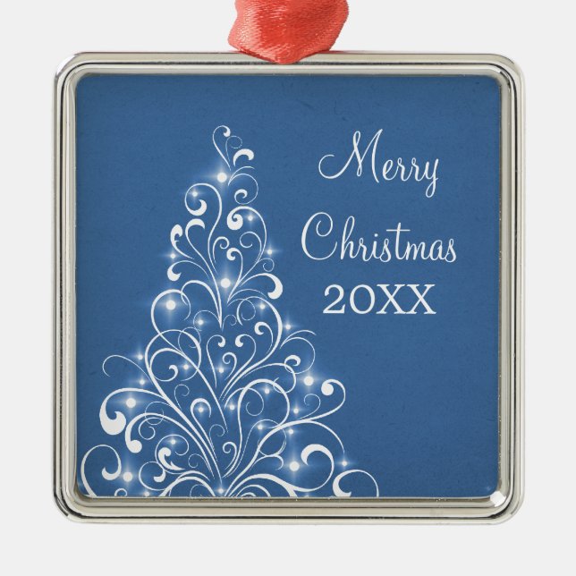 Sparkly Holiday Tree Premium Ornament, Blue Metal Ornament (Front)