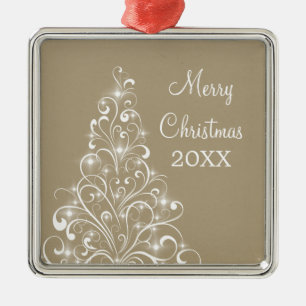 Sparkly Holiday Tree Premium Ornament, Latte Metal Ornament