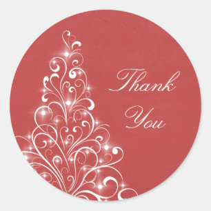 Sparkly Holiday Tree Thank You Stickers, Red Classic Round Sticker