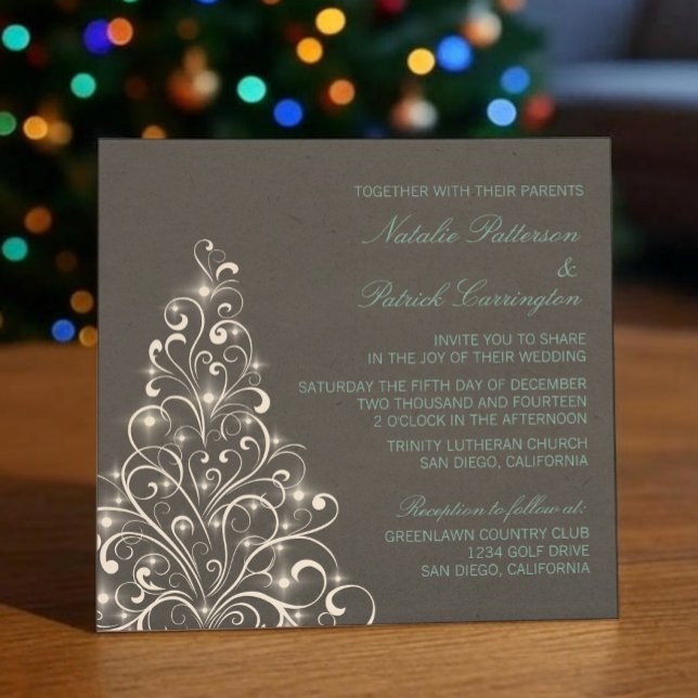 Sparkly Holiday Tree Wedding Invite, Grey Invitation (Gray Sparkly Holiday Tree Wedding Invitation)