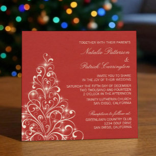 Sparkly Holiday Tree Wedding, Red Invitation