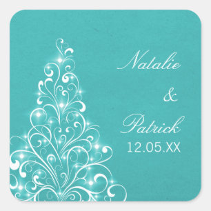 Sparkly Holiday Tree Wedding Stickers, Aqua Square Sticker