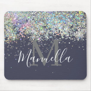 Sparkly Holographic Rose Gold Glitter Monogram Mouse Pad