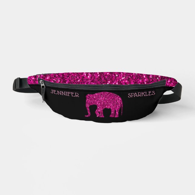 Sparkly hot pink Elephant Custom name black Fanny Pack (Front)