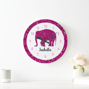 Sparkly hot pink Elephant Custom name Large Clock