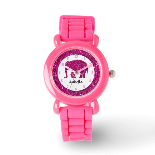 Sparkly hot pink Elephant Custom name Watch (Front)