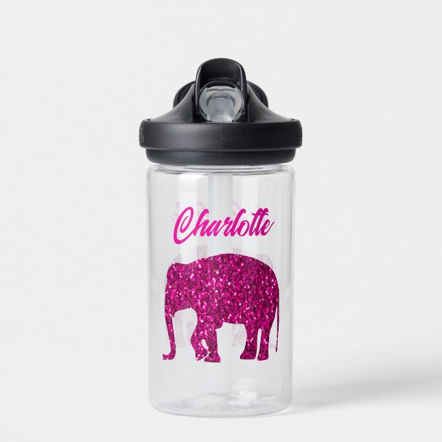 Sparkly hot pink Elephant faux sparkle custom name Water Bottle (Front)
