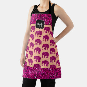 Sparkly hot pink Elephant faux sparkles Monogram Apron