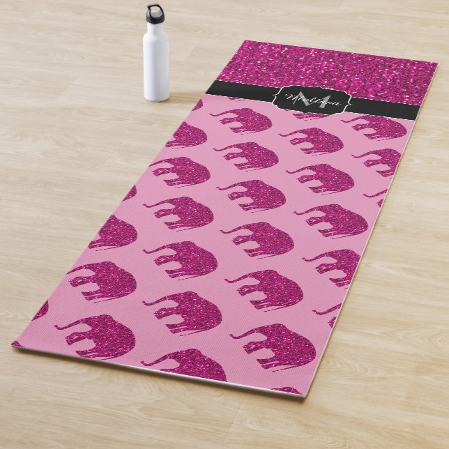 Sparkly hot pink Elephant faux sparkles Monogram Yoga Mat (In Situ)