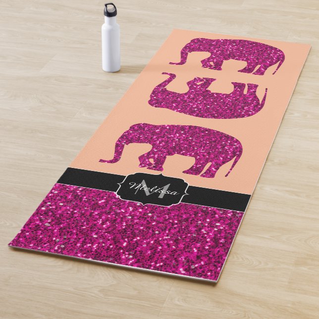 Sparkly hot pink Elephant faux sparkles Monogram Yoga Mat (In Situ)